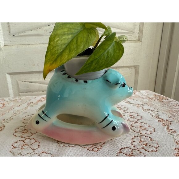 Vintage 50's Rocking Horse Pig Planter Blue Pink - Picture 8 of 11
